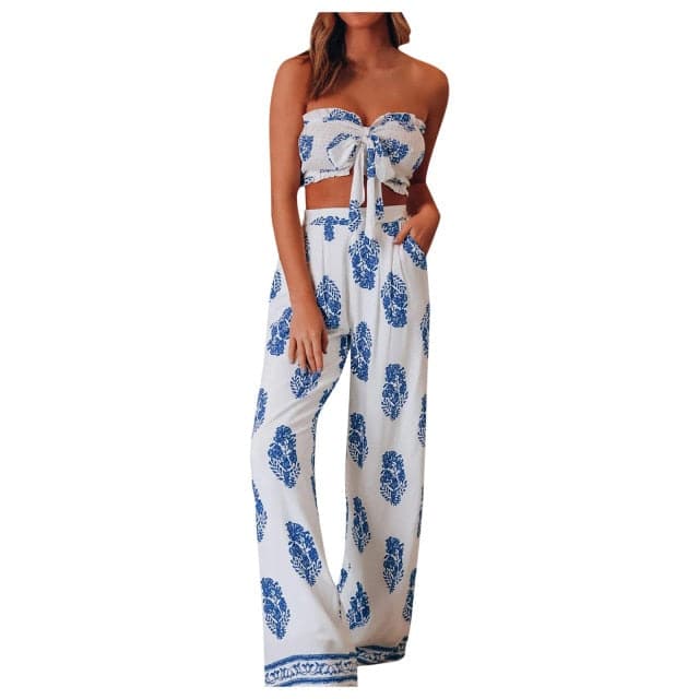 Fashion Bohemian Camis Crop Tops Long Pants 2 Piece Set