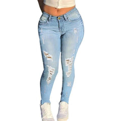 Women's Ripped Jeans High Waist Stretch Skinny Denim Trousers Blue Retro Washed Fashion  Elastic Slim Pencil Pants