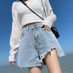 High Waist  Lady Solid Color Blue Jeans