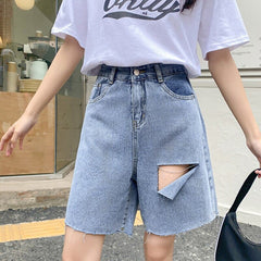 High Waist Loose Vintage Blue Denim Shorts Streetwear Female Hole Wide Leg Ladies Jeans Shorts