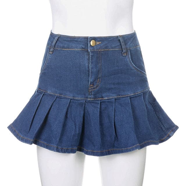 Harajuku High Waist Jeans Skirts Pleated Y2K Skinny Blue Denim Mini Skirt Summer Pop Ruffles Streetwear Bottom Korean