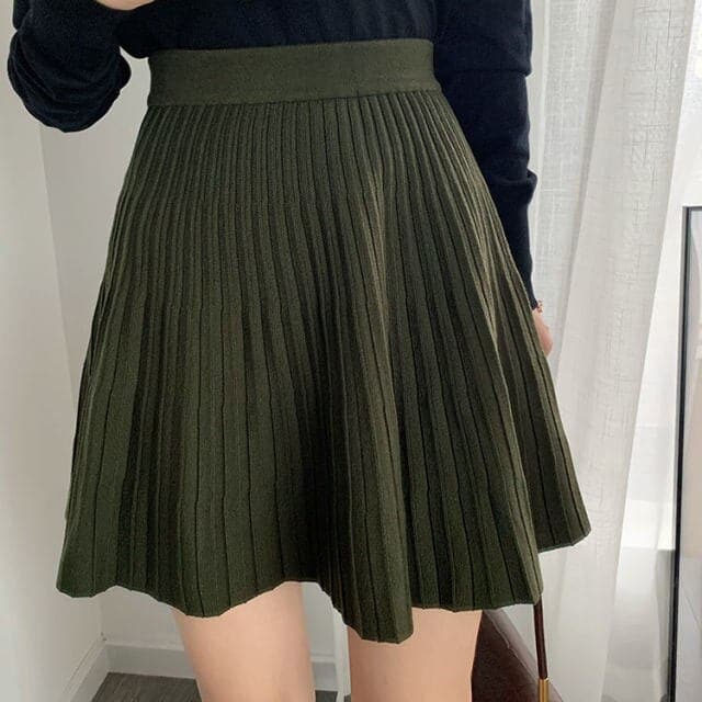 Knitted Autumn and Winter High Waist Pleated Skirt A- Line Skirt Short Skirt