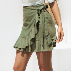 New White Skirts Solid Ruffles Bandage Lace Up Short Skirt A-Line Pleated Mini Shirt for Girls