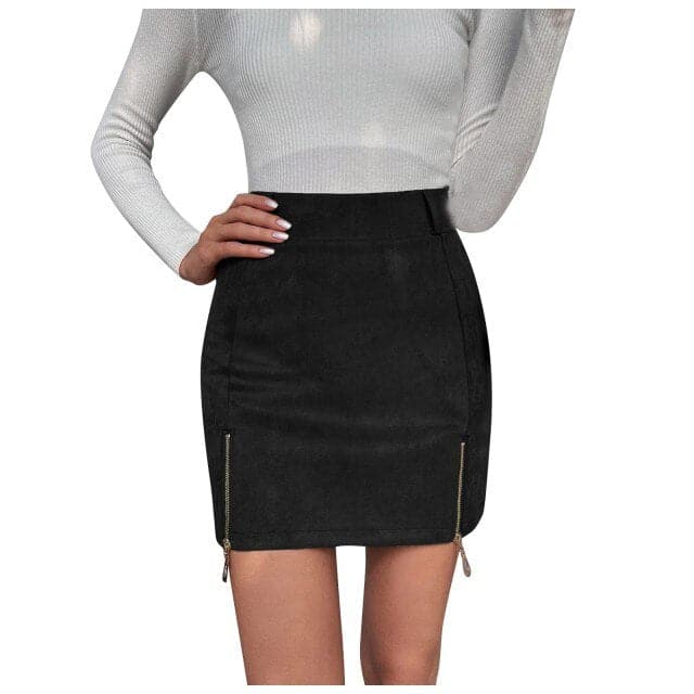 Mini Skirt Suede Zipper Bandage Slim  Autumn New Korean High Waist Casual Solid A-line Slits Bodycon Skirts