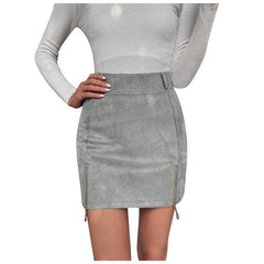 Mini Skirt Suede Zipper Bandage Slim  Autumn New Korean High Waist Casual Solid A-line Slits Bodycon Skirts