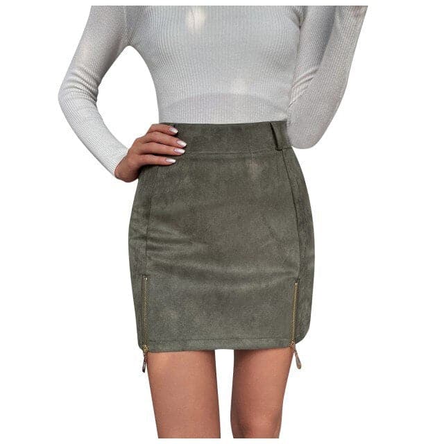 Mini Skirt Suede Zipper Bandage Slim  Autumn New Korean High Waist Casual Solid A-line Slits Bodycon Skirts