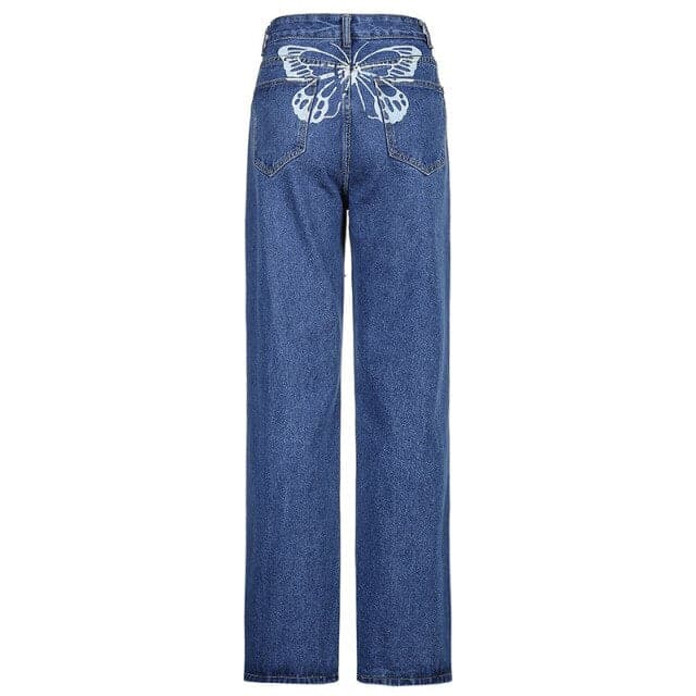 Butterfly Print Casual Jeans Woman High Waist Denim Pants