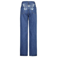 Butterfly Print Casual Jeans Woman High Waist Denim Pants