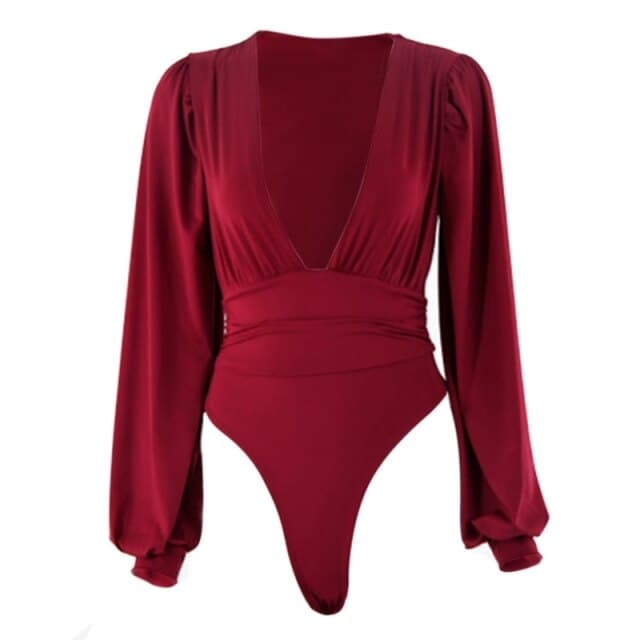 Deep V Neck Bodysuit  Puff Sleeve Bodycon Jumpsuit Solid Color Elastic Casual Party Winter Bodysuits Body Tops