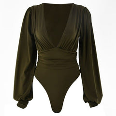 Deep V Neck Bodysuit  Puff Sleeve Bodycon Jumpsuit Solid Color Elastic Casual Party Winter Bodysuits Body Tops