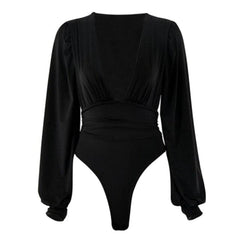 Deep V Neck Bodysuit  Puff Sleeve Bodycon Jumpsuit Solid Color Elastic Casual Party Winter Bodysuits Body Tops