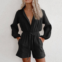 Fashion V-Neck Casual Sport Short Rompers Button Down Shorts Bodysuit Linen Drawstring Casual Jumpsuit Overalls