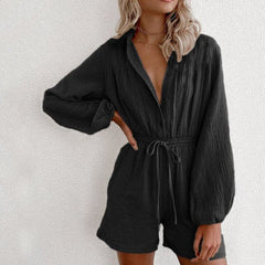 Fashion V-Neck Casual Sport Short Rompers Button Down Shorts Bodysuit Linen Drawstring Casual Jumpsuit Overalls
