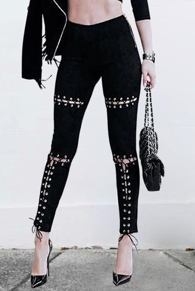 Suede Bodycon High Waist Pants Capris  Lace Up Pants