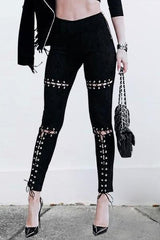 Suede Bodycon High Waist Pants Capris  Lace Up Pants