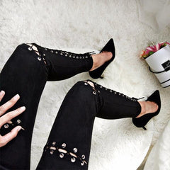 Suede Bodycon High Waist Pants Capris  Lace Up Pants