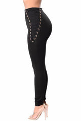 High Waist Lace Up Solid Black White Cross Bandage Pants