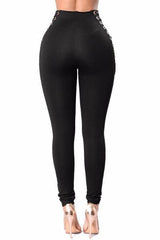 High Waist Lace Up Solid Black White Cross Bandage Pants