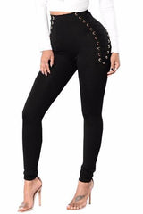 High Waist Lace Up Solid Black White Cross Bandage Pants
