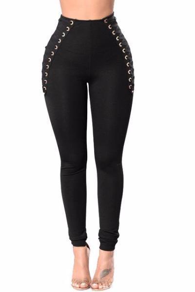 High Waist Lace Up Solid Black White Cross Bandage Pants
