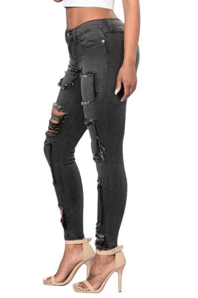 High Street Faded Denim Black Ripped Skinny Stretch Jeans