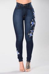 Stretch Embroidered Dark Blue Flower Denim Jeans