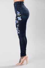 Stretch Embroidered Dark Blue Flower Denim Jeans