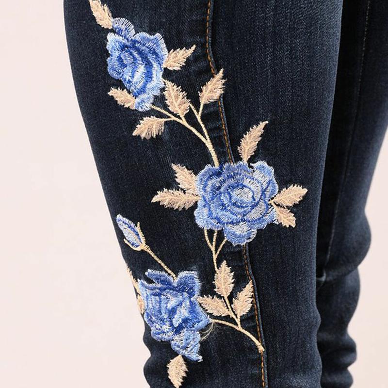 Stretch Embroidered Dark Blue Flower Denim Jeans