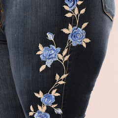 Stretch Embroidered Dark Blue Flower Denim Jeans