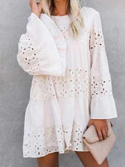 Lace hollow round neck flared sleeve long sleeve dress