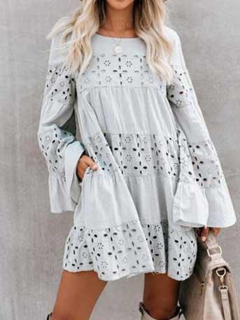 Lace hollow round neck flared sleeve long sleeve dress