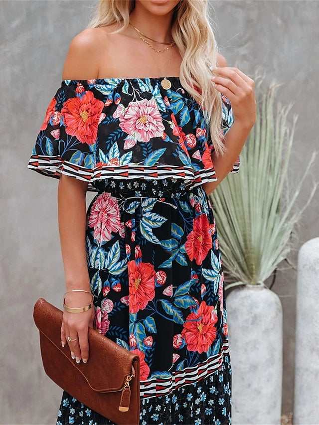 Boho Dress Beach Dress Beach Wear Long Dress Maxi Dress Ruffle Print Boho Casual Floral Off Shoulder Short Sleeve Loose Fit Outdoor Daily Black White  Spring Summer S M L XL for Women