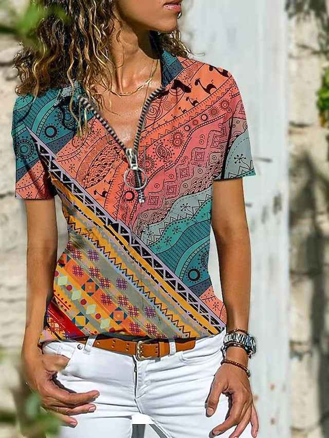 Blouse T shirt Zipper Print Multi Color Tropical Shirt Collar T-shirt Sleeve Regular Spring &  Fall Pattern 5 Pattern 7 Pattern 8 for Women