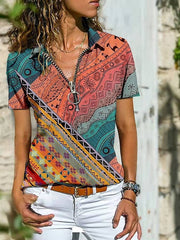 Blouse T shirt Zipper Print Multi Color Tropical Shirt Collar T-shirt Sleeve Regular Spring &  Fall Pattern 5 Pattern 7 Pattern 8 for Women