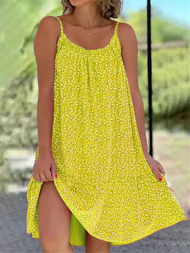 Beach Dress Beach Wear Mini Dress Print Tropical Fashion Floral Spaghetti Strap Sleeveless Loose Fit Outdoor Daily Black Yellow  Summer Spring S M L XL for Women