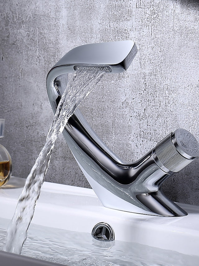 Bathroom Sink Faucet, Brass Waterfall Mixer Basin Taps Chrome Finish Single Handle One Hole Bath Tap with Hot and Cold Hose