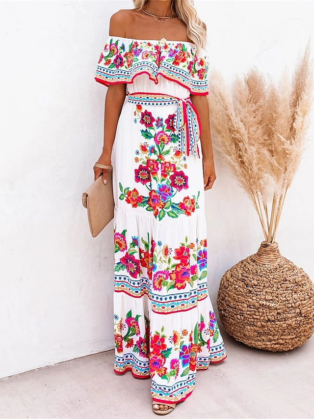 Boho Dress Beach Dress Beach Wear Long Dress Maxi Dress Ruffle Print Boho Casual Floral Off Shoulder Short Sleeve Loose Fit Outdoor Daily Black White  Spring Summer S M L XL for Women