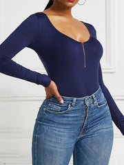 Bodysuit Black White Yellow Plain Quarter Zip Long Sleeve Casual Basic U Neck S for Women