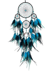 Blue Dream Catcher Handmade Gift Feather Hook Flower Wind Chime with Five Circles Ornament Wall Hanging Decor Art Boho Style 15x85cm/5.9'' x 88.4''
