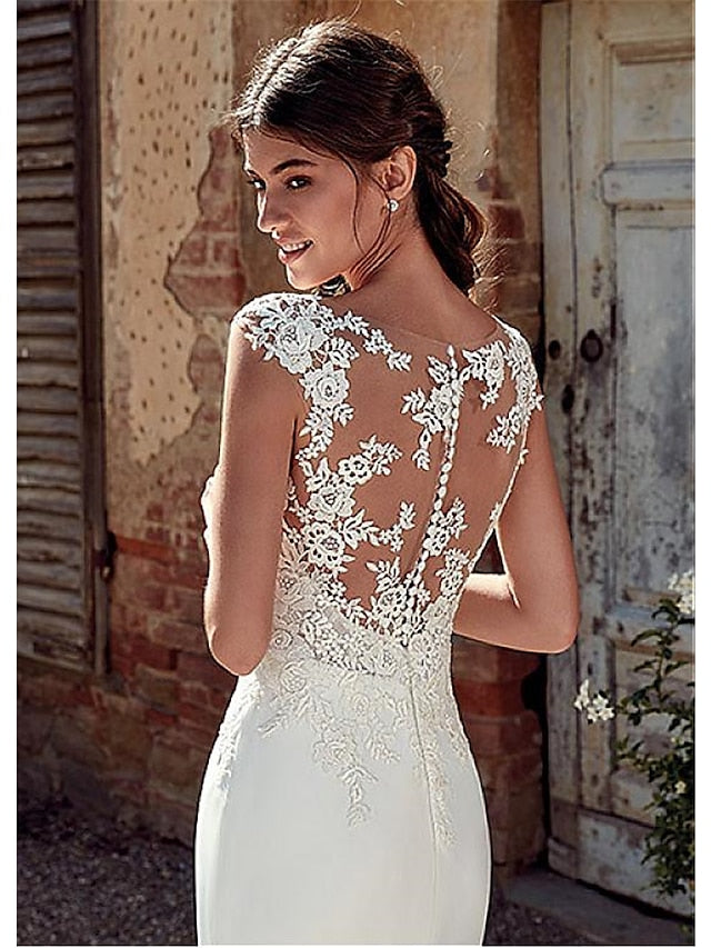 Beach Open Back Wedding Dresses Mermaid / Trumpet Illusion Neck Cap Sleeve Court Train Chiffon Bridal Gowns With Appliques 2023 Summer Wedding Party, Women's Clothing