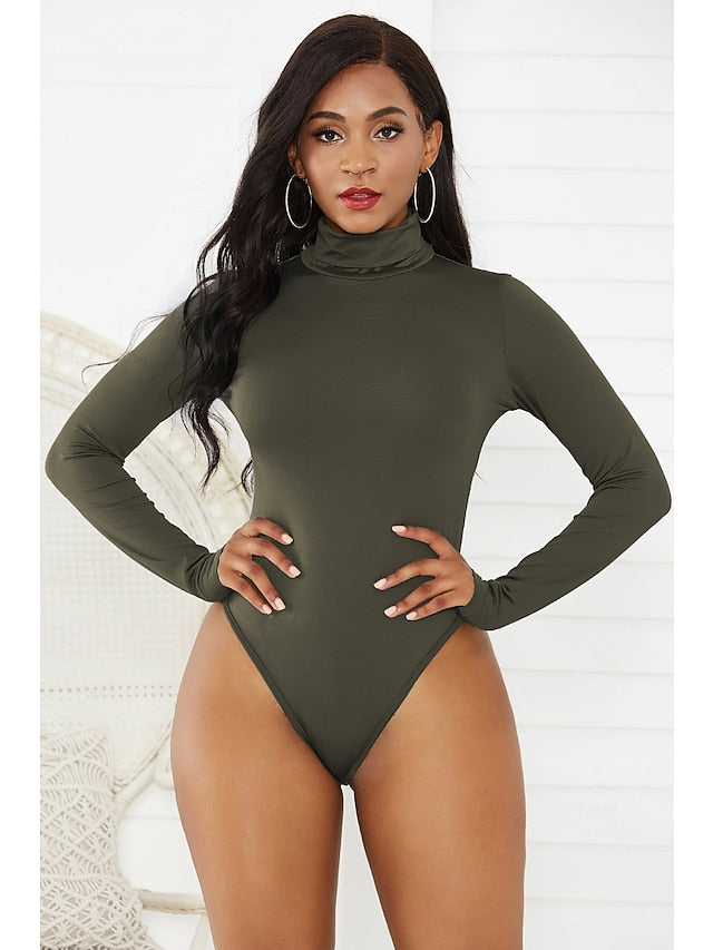Bodysuit Zentai Jumpsuit Wine Almond ArmyGreen Long Sleeve Casual Date High Neck S for Women