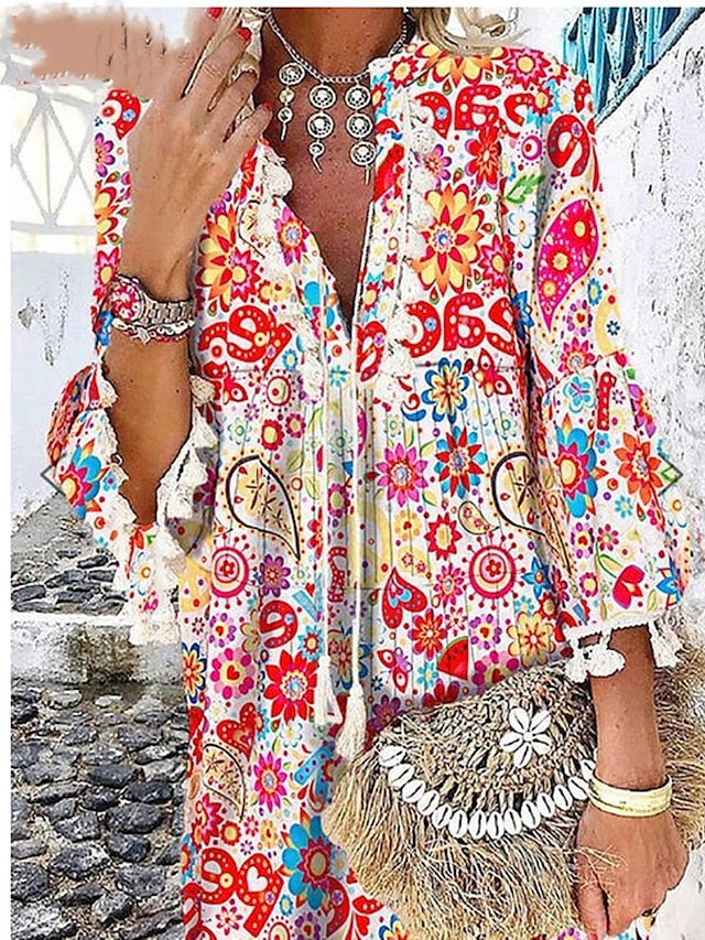 Boho Dress Mini Dress Red Blue Green 3/4 Length Sleeve Floral Tassel Fringe Summer Spring V Neck Fashion Vacation  S M L XL XXL XXXL for Women