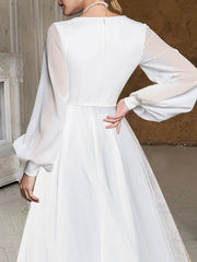 Bridal Shower Little White Dresses Casual Wedding Dresses A-Line V Neck Long Sleeve Asymmetrical Chiffon Bridal Gowns With Solid Color 2023 Summer Wedding Party, Women's Clothing