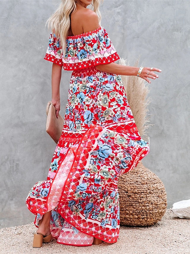 Boho Dress Beach Dress Beach Wear Long Dress Maxi Dress Ruffle Print Boho Casual Floral Off Shoulder Short Sleeve Loose Fit Outdoor Daily Black White  Spring Summer S M L XL for Women