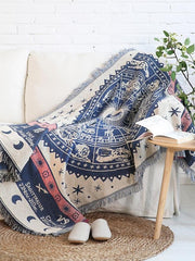 Boho Woven Throw Blanket Reversible Cotton Bohemian Couch Sofa Cover Sofa Blanket Witchy Astrology Zodiac Celestial Constellation Hippie Room Decor Tapestry Tablecloth Double Sided