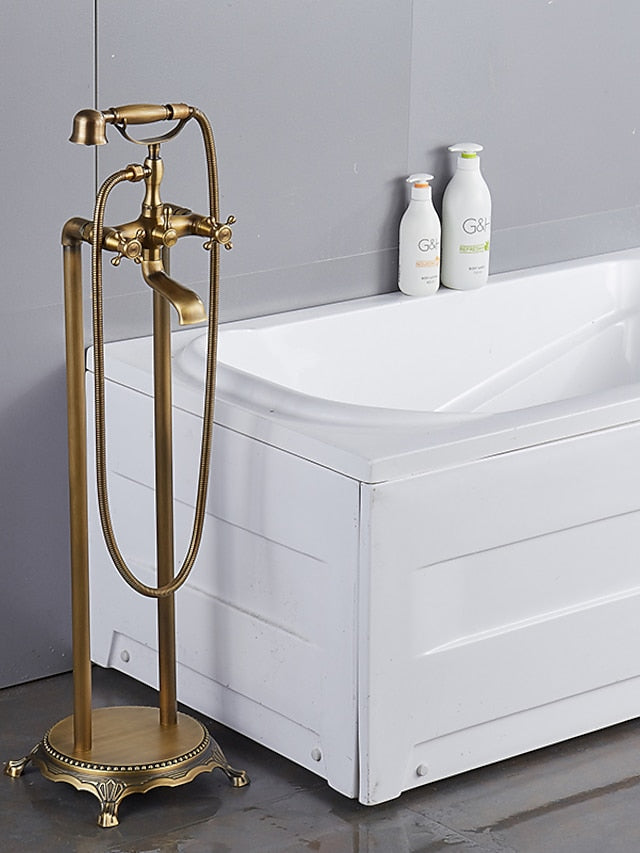 Bathtub Faucet Floor Mounted, Brass Retro Style Telephone Shape Brass Electroplated Finish Two Handles Two Holes Shower Faucet with Handshower and Drain