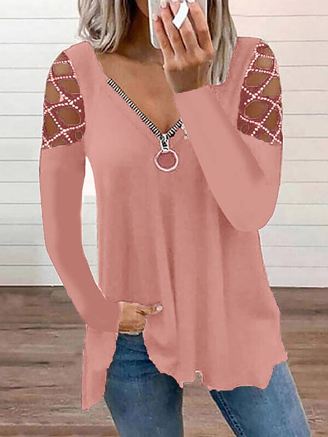 Blouse Black Pink Wine Plain Cut Out Flowing tunic Long Sleeve Casual Weekend Basic V Neck Regular S for Women