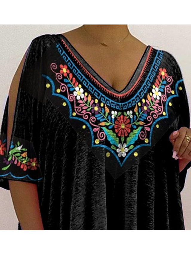 Blouse Black Floral Ruched Cut Out Half Sleeve Daily Vacation Festival V Neck Plus Size XL for Women