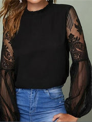 Blouse Embroidery Solid / Plain Color Classic Lace Sweet Lantern Sleeve Regular Spring &  Fall Black Wine Dark Blue for Women