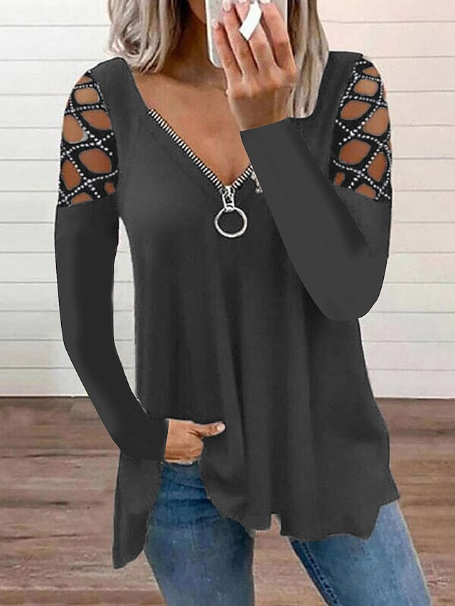 Blouse Black Pink Wine Plain Cut Out Flowing tunic Long Sleeve Casual Weekend Basic V Neck Regular S for Women